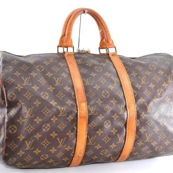 0404222 Louis Vuitton LV Keepall 50 Monogram Bandouliere Boston Bag Leather Brow - Picture 1 of 12